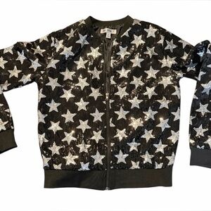 Say What? Black Sequin Star Bomber Jacket junior size Xsmall. Shine. Showy.